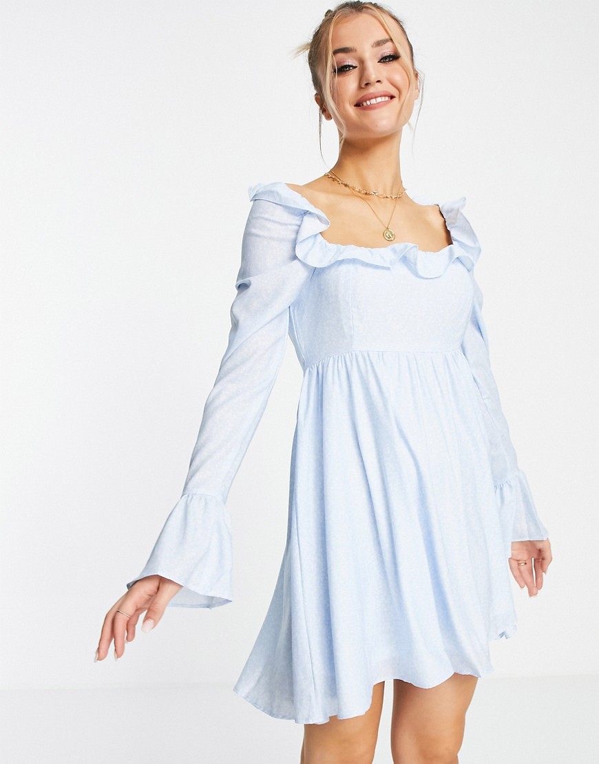 Платье с присборенной юбкой, пышными рукавами, завязкой на шее и голубым цветочным принтом x Lorna Luxe-Multi In The Style 103083962