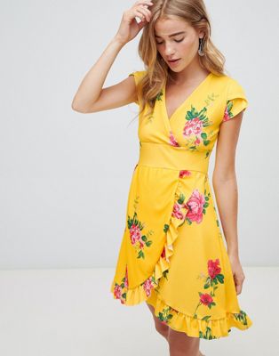 фото Платье с запахом и цветочным принтом lasula-желтый