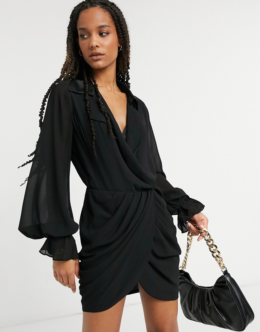 Платье со складками и юбкой с запахом ASOS DESIGN-Черный