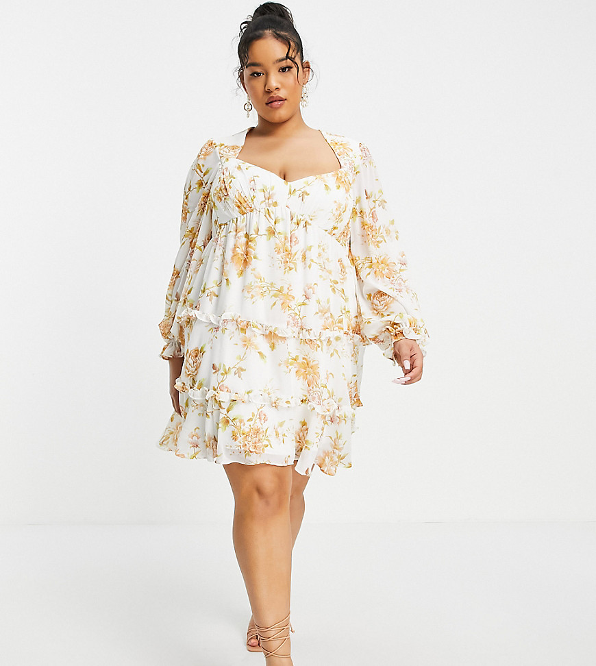 Платье в молодежном стиле с оборками, короткой расклешенной юбкой и античным цветочным принтом персикового цвета -Multi Forever New Curve 11721614