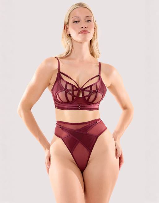 Playful Promises Eddie wine crossover high waist thong in wine, 4 of 4