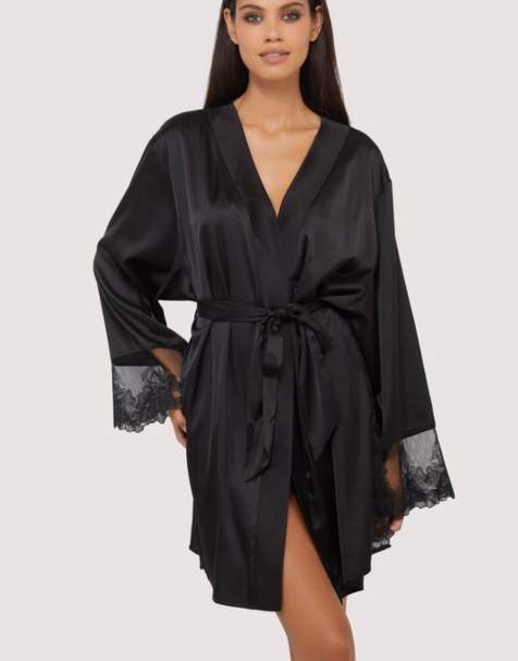 Playful Promises Eleanor satin and embroidery robe in black - view 1