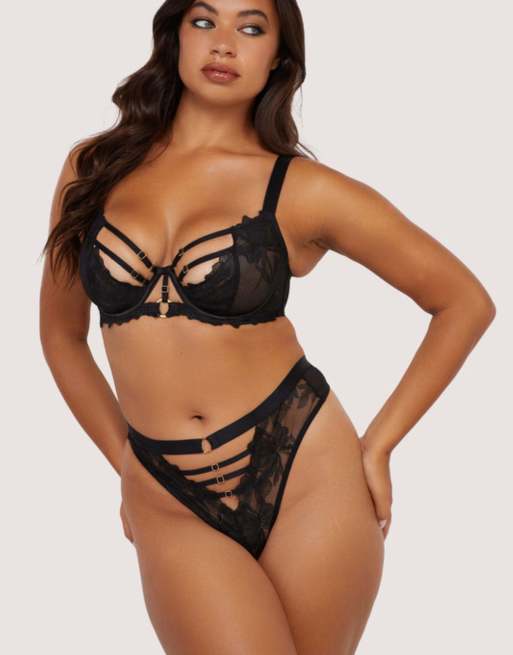 Playful Promises Eleanor strappy embroidery high waist thong in black