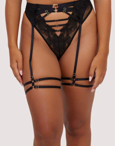 Playful Promises Eleanor strappy embroidery thigh harness in black - view 1