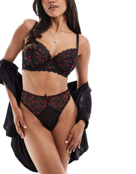 Playful Promises Elodie rosebud embroidery balconette bra in black and red - view 1