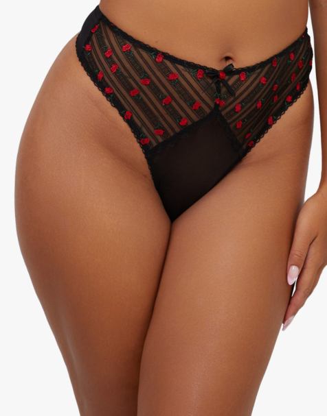 Playful Promises Elodie & rosebud embroidery high waist thong in black & red - view 1