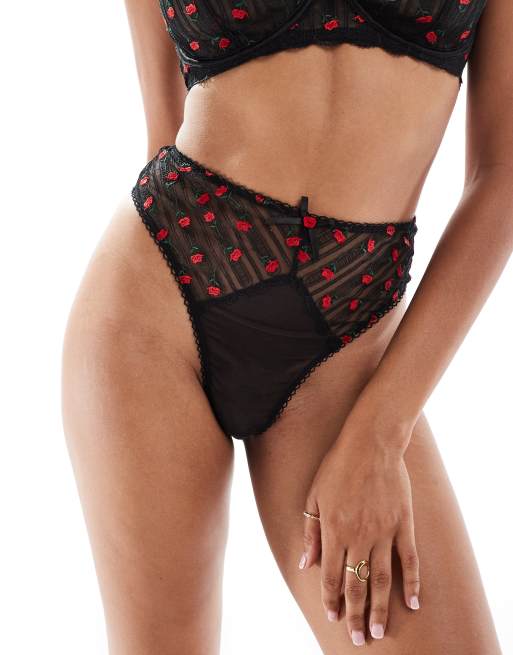 Playful Promises Elodie rosebud embroidery high-waisted lingerie thong in black and red