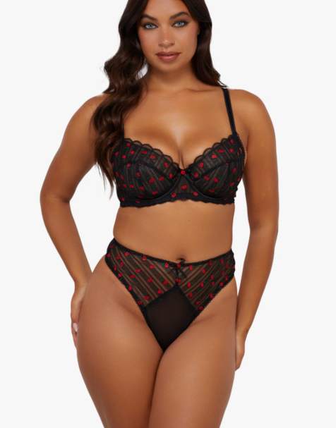 Playful Promises Elodie & rosebud embroidery lingerie set in black & red - view 1