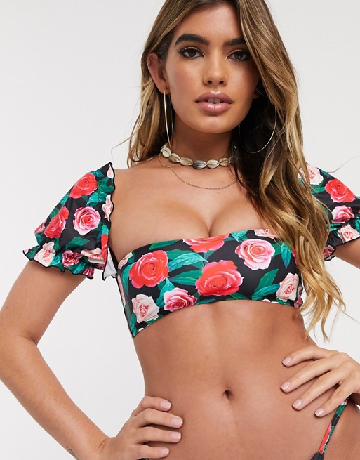 Playful Promises Floral puff sleeve bikini top