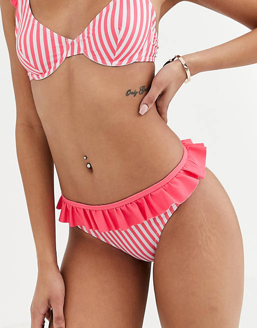 Playful Promises High Waist High Leg Striped Bikini Bottom With Waist Frill
