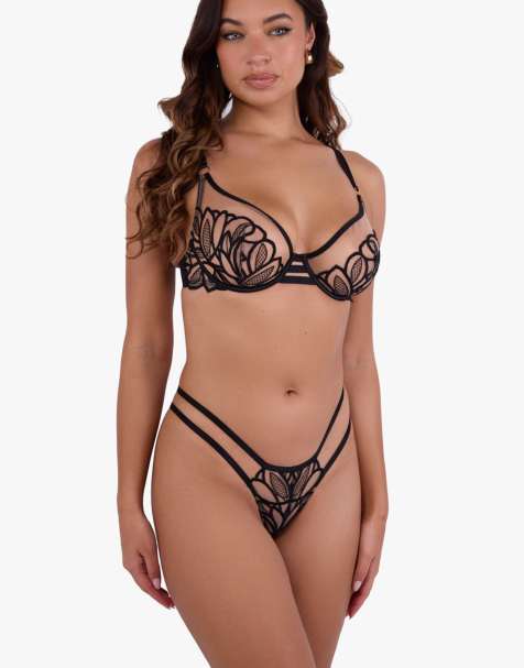 Playful Promises Lilith graphic embroidery thong in black - view 1