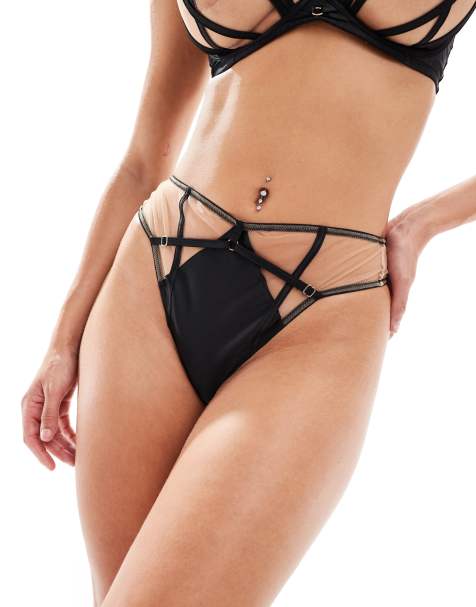 Playful Promises Ramona strap detail illusion mesh high-waisted lingerie thong in black - view 1
