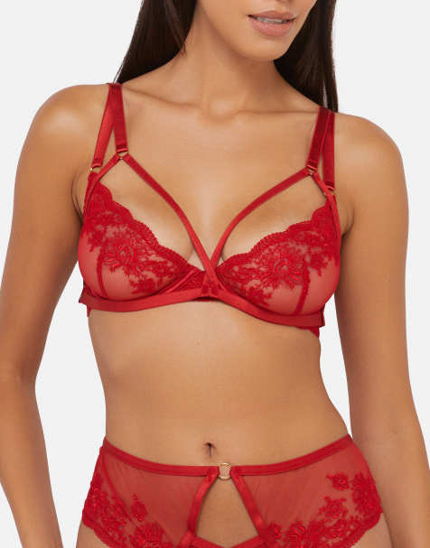 Playful Promises Sarina embroidery strap plunge bra in red - view 1