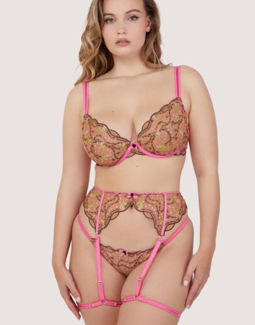 Playful Promises Spank me & nude custom embroidery suspender belt in pink