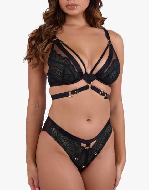 Playful Promises Tabitha wet-look lace high waist brief in dark green - view 1