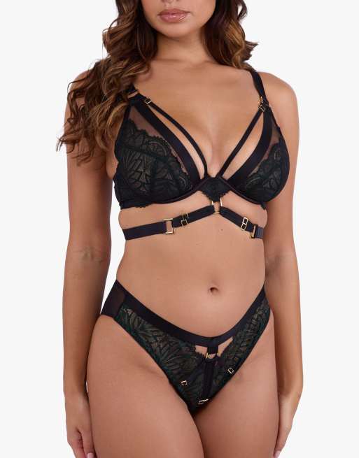 Playful Promises Tabitha wet-look lace high waist brief in dark green