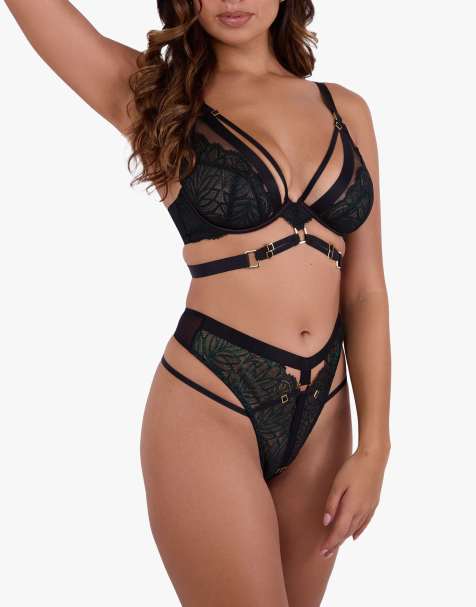 Playful Promises Tabitha wet-look lace high waist thong in dark green - view 1