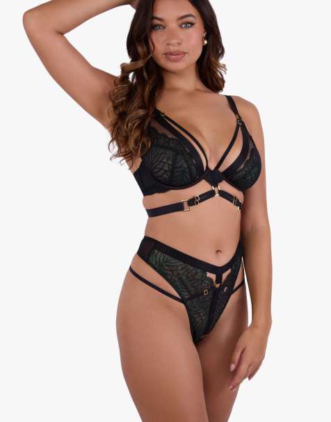 Playful Promises Tabitha wet-look lace lingerie set in dark green - view 1