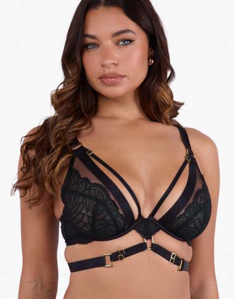 Playful Promises Tabitha wet-look lace plunge bra in dark green - view 1