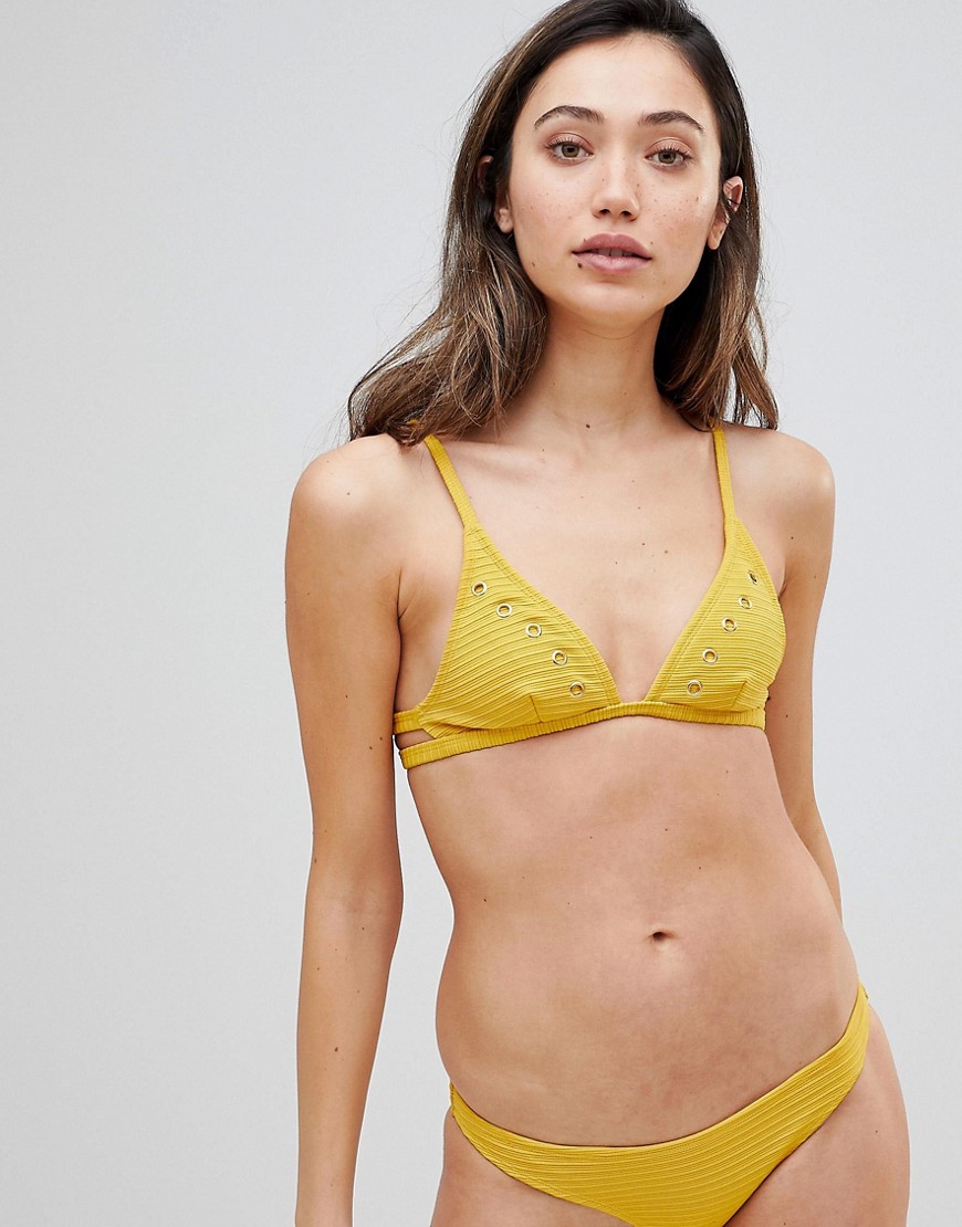 Playful Promises Textured Ribbed Eyelet Triangle Bikini Top-Yellow