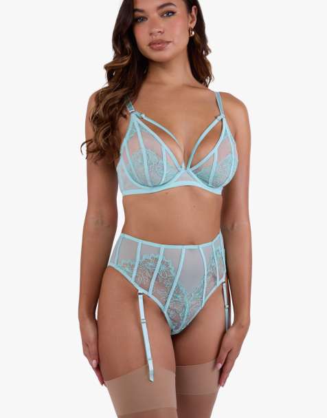 Playful Promises Valerie embroidery & mesh high waist suspender thong in aqua - view 1
