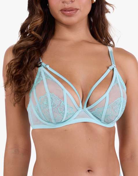 Playful Promises Valerie embroidery & mesh plunge bra in aqua - view 1