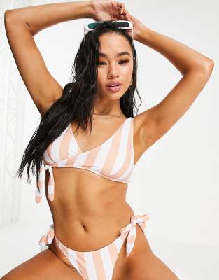 Playful Promises Wrap Bikini Top In Pink And White Stripe