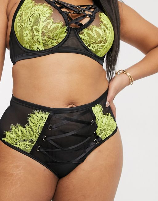 Playful Promises X Gabi Fresh lace overlay strappy front bra in black &  lime