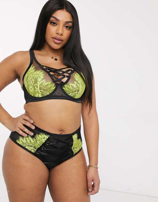 Playful Promises X Gabi Fresh lace overlay strappy front bra in black & lime