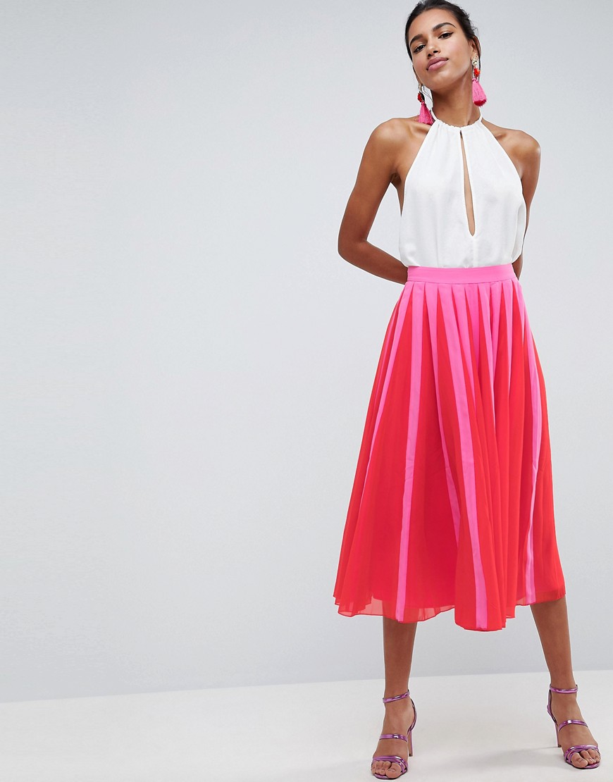 фото Плиссированная юбка миди в полоску в стиле колор блок asos design-розовый цвет