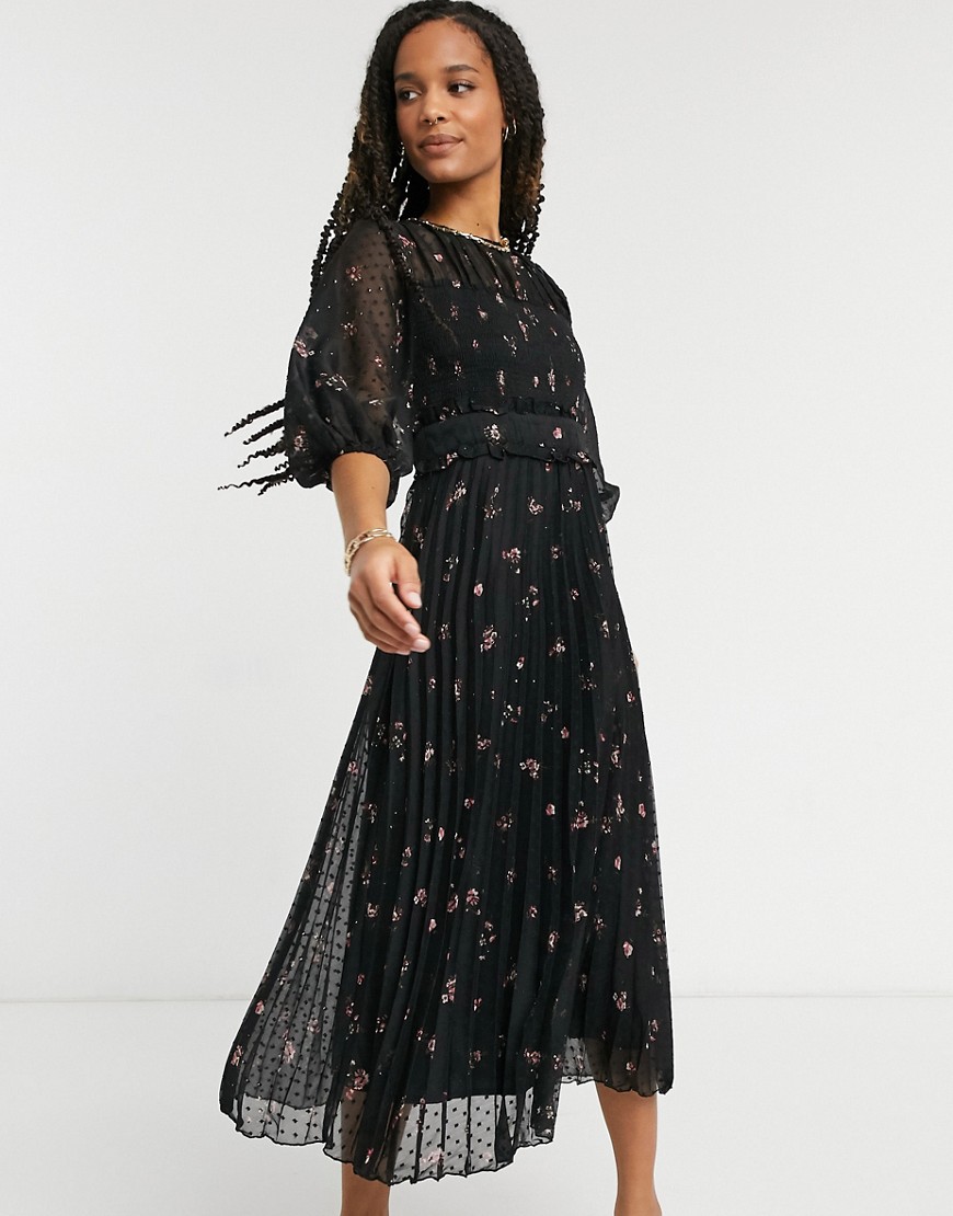 Плиссированное платье миди из ткани добби со сборками и цветочным принтом ASOS DESIGN Petite-Мульти