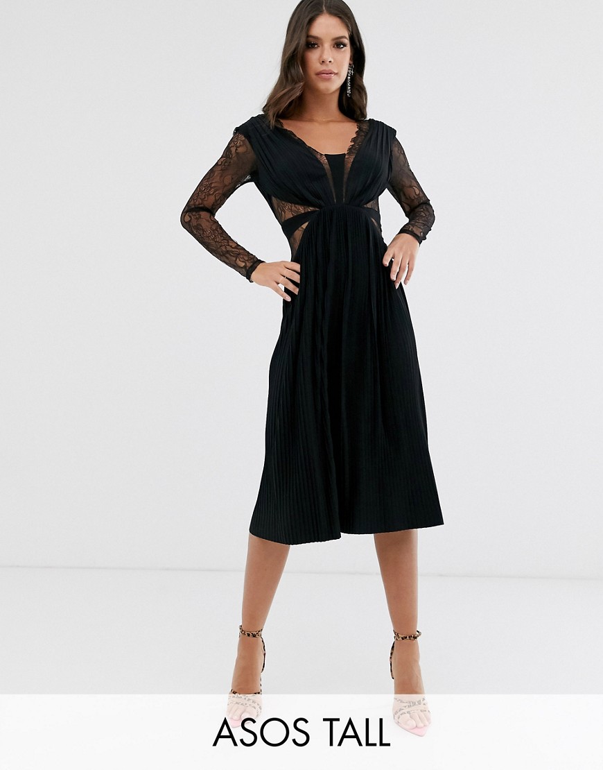 фото Плиссированное платье миди с длинными рукавами и кружевом asos design tall-черный asos tall