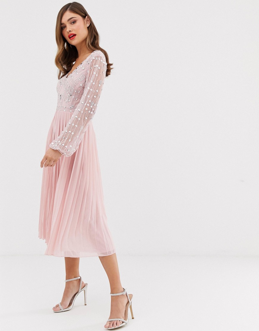 фото Плиссированное платье миди с длинными рукавами и отделкой на лифе frock & frill-розовый frock and frill