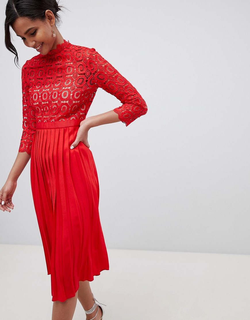 Плиссированное платье миди с кружевным топом и рукавами 3/4 Little Mistress-Красный