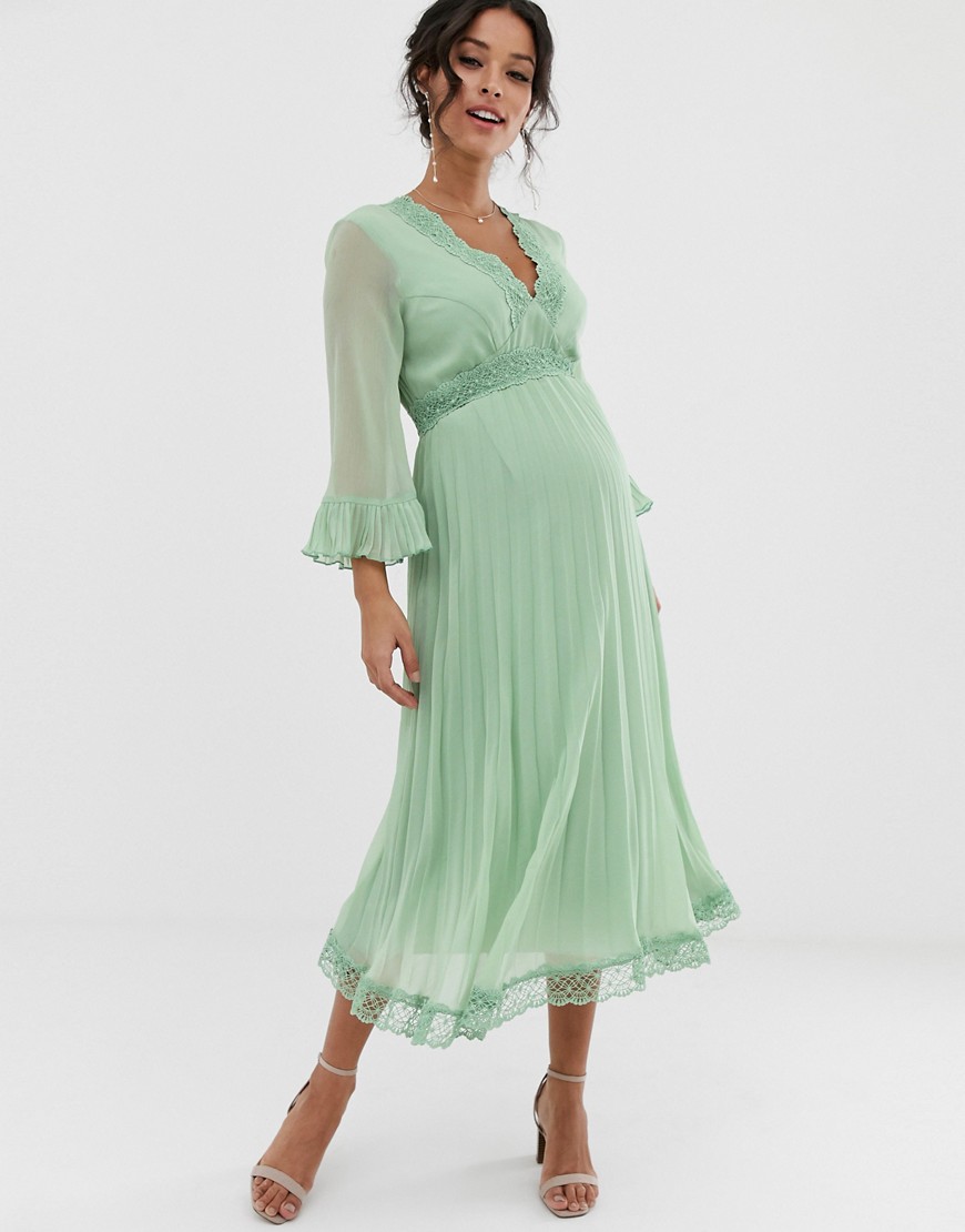фото Плиссированное платье миди с кружевом asos design maternity-зеленый asos maternity