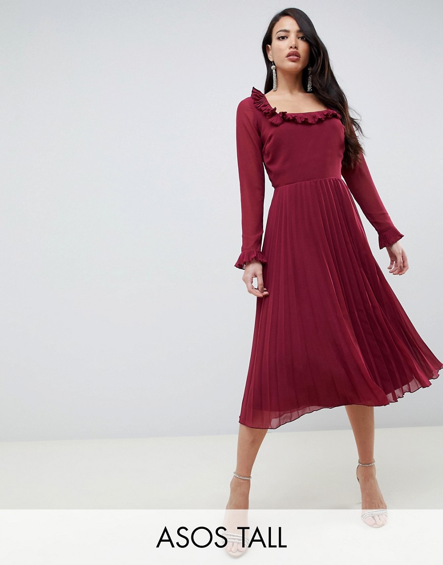 фото Плиссированное платье миди с квадратным вырезом asos design tall-красный asos tall