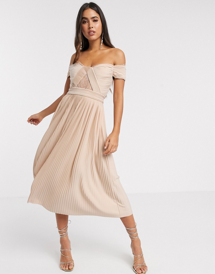 Плиссированное платье миди цвета шампанского с кружевом и открытыми плечами ASOS DESIGN Premium-Neutral
