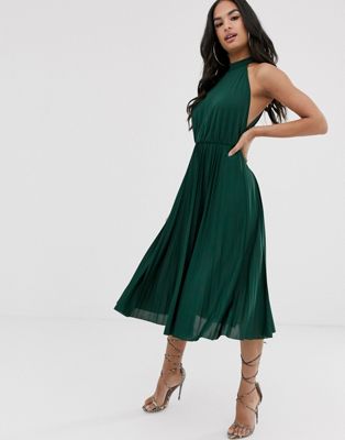 фото Плиссированное приталенное платье миди с американской проймой asos design-зеленый