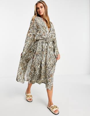  Пляжное кимоно с поясом и змеиным принтом ASOS DESIGN-Multi