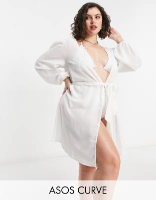 фото Пляжное шифоновое кимоно белого цвета с поясом asos design curve-белый asos curve