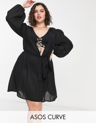 фото Пляжное шифоновое кимоно черного цвета с поясом asos design curve-черный цвет asos curve