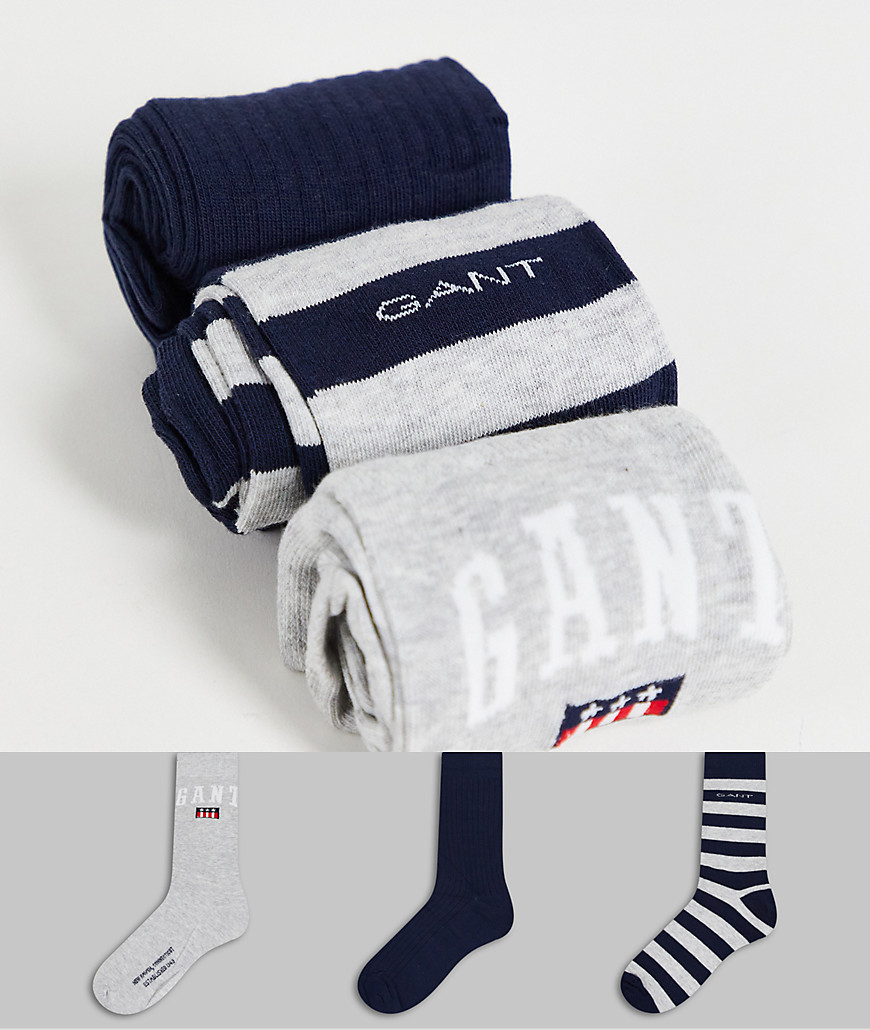 Подарочный набор из 3 пар носков темно-синего цвета, в полоску и серого с логотипом GANT-Разноцветный