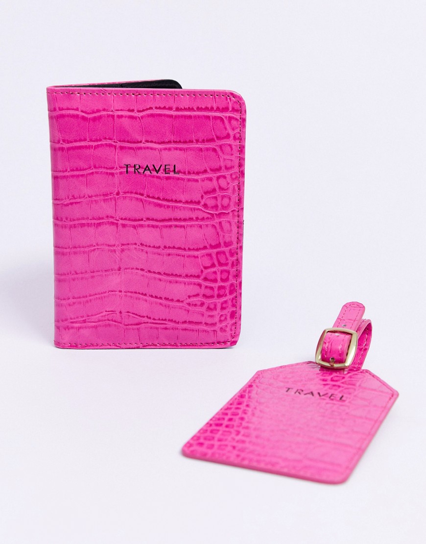 фото Подарочный набор с обложкой для паспорта и багажной биркой под крокодиловую кожу asos design-розовый