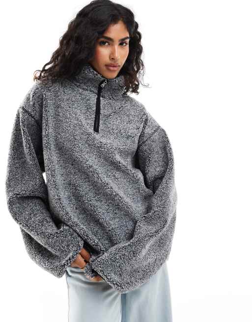 Polar gris jaspeado extragrande con media cremallera de borreguito de ASOS DESIGN