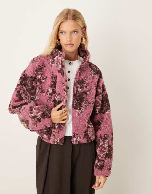 Polar rosa y color ciruela con estampado floral, bajo abullonado y cremallera de borreguito de ASOS DESIGN