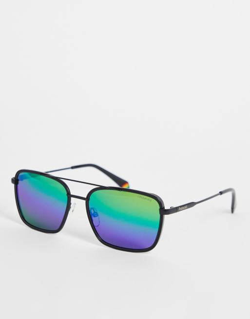 Polaroid - Aviator-solbriller med smalt stel og glas med blå og grøn | ASOS