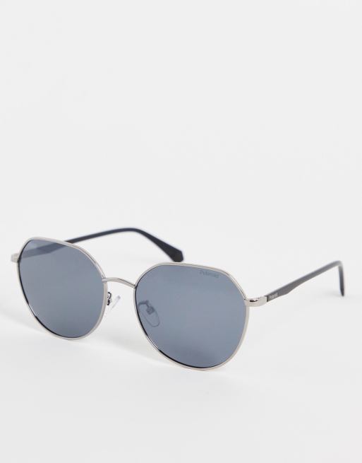 Polaroid – Okrągłe okulary przeciwsłoneczne w srebrnych, metalowych oprawkach