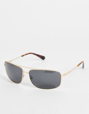 Polaroid rectangle aviator sunglasses in black and gold 2101/S