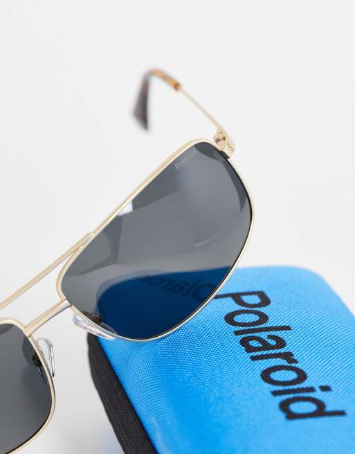 Polaroid rectangle aviator sunglasses in black and gold 2101/S, 2 of 4