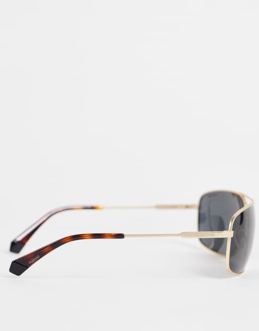 Polaroid rectangle aviator sunglasses in black and gold 2101/S, 3 of 4